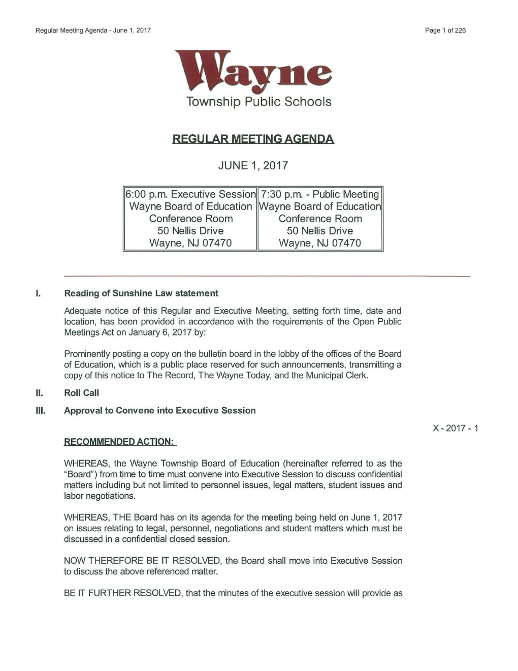 Agenda - June 1, 2017 Page 1 of 226 Wayne Township Public Schools