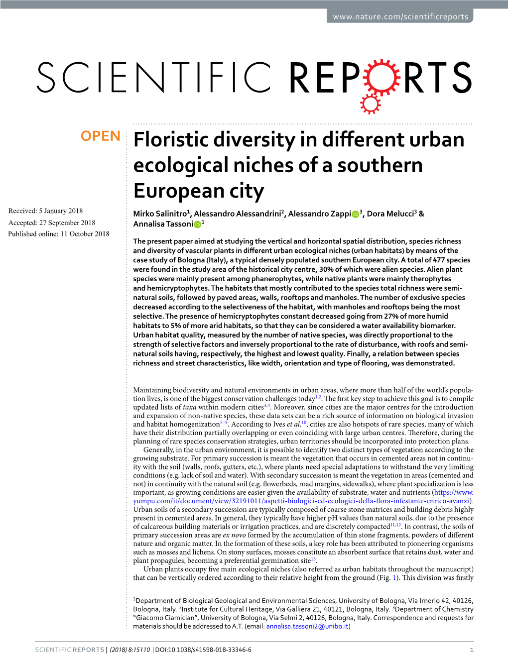 Floristic Diversity in Different Urban Ecological Niches of a Southern