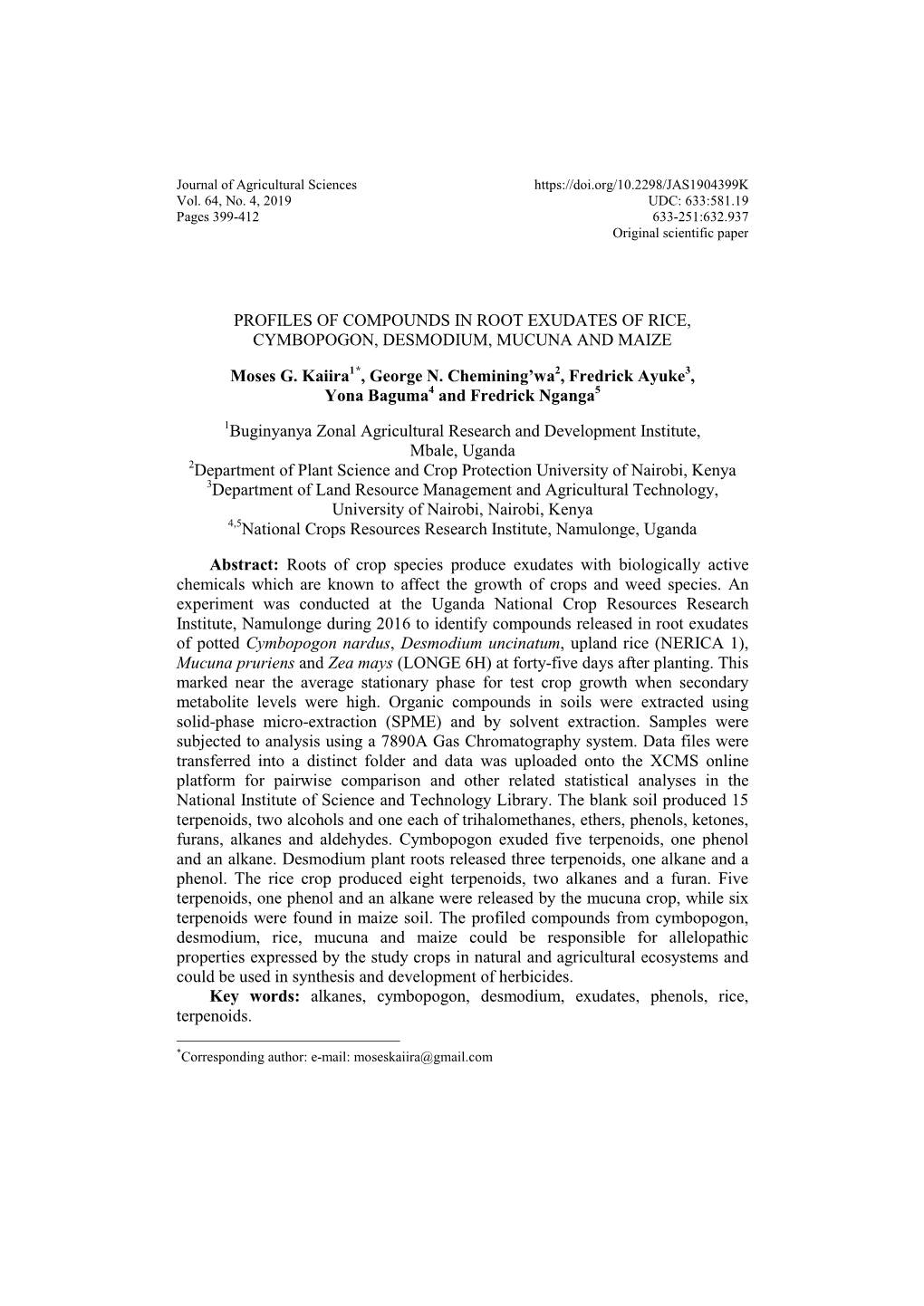 Profiles of Compounds in Root Exudates of Rice, Cymbopogon, Desmodium, Mucuna and Maize