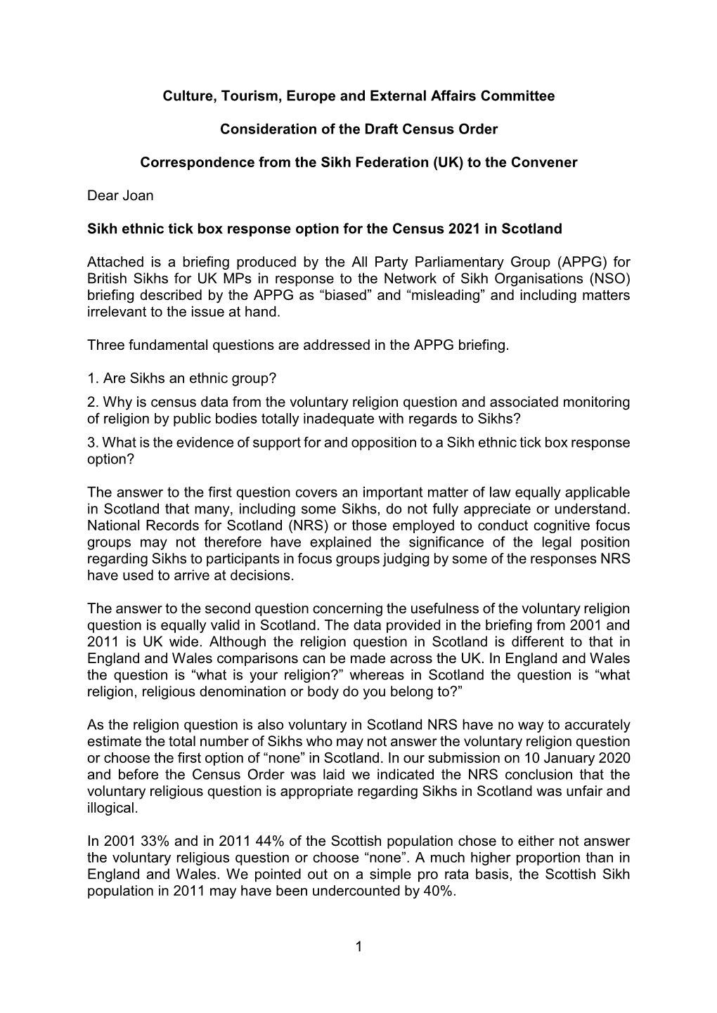 Correspondence from the Sikh Federation (UK) to the Convener