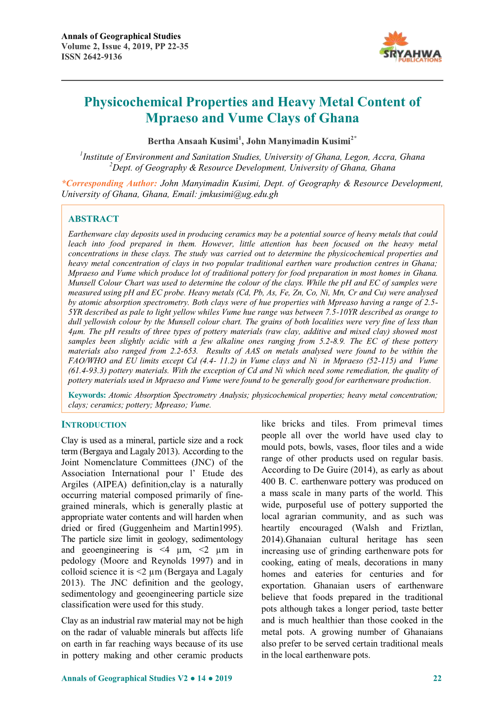 Physicochemical Properties and Heavy Metal Content of Mpraeso and Vume Clays of Ghana