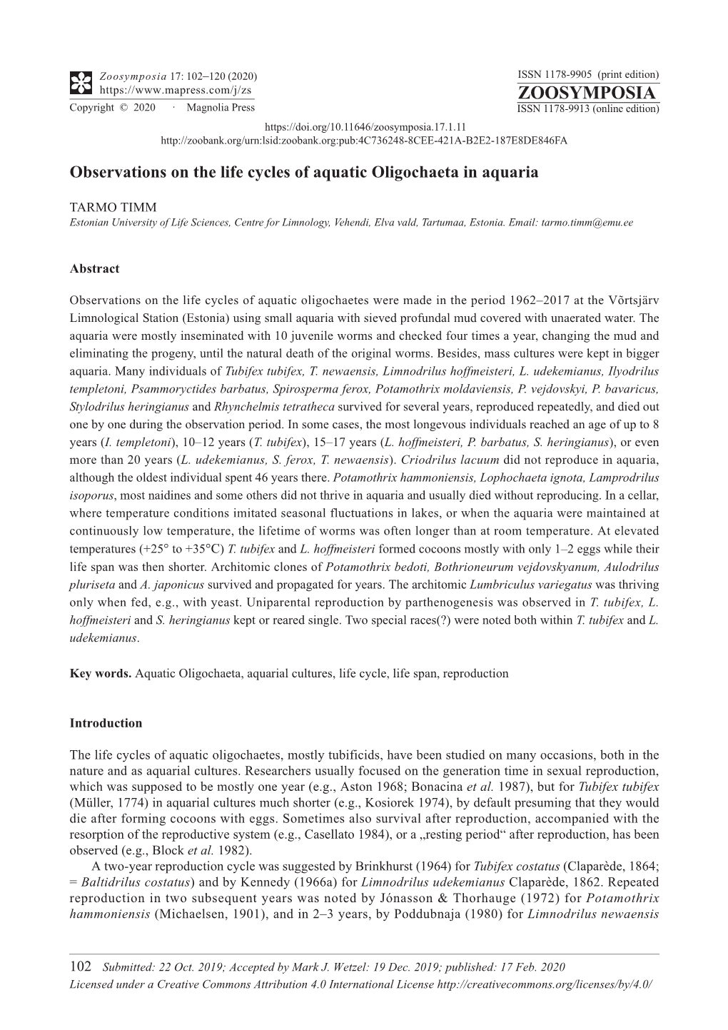 Observations on the Life Cycles of Aquatic Oligochaeta in Aquaria