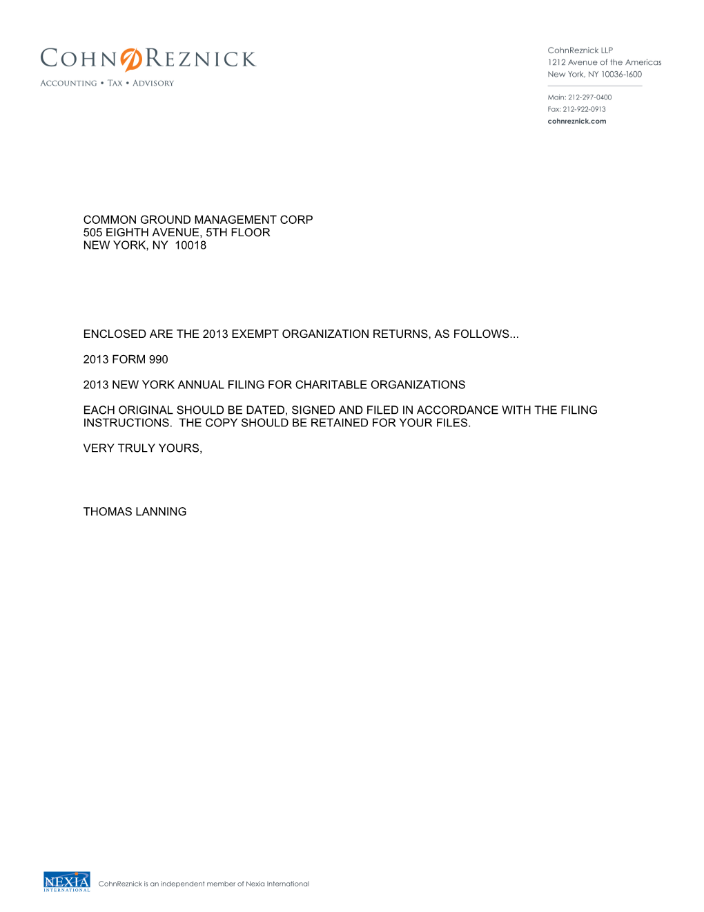 Common Ground Management Corp 505 Eighth Avenue, 5Th Floor New York, Ny 10018