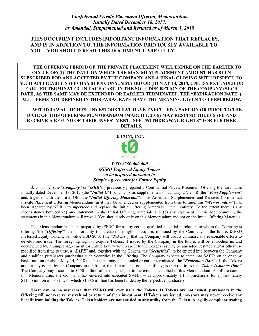 Confidential Private Placement Offering Memorandum Initially Dated December 18, 2017, As Amended, Supplemented and Restated As of March 1, 2018