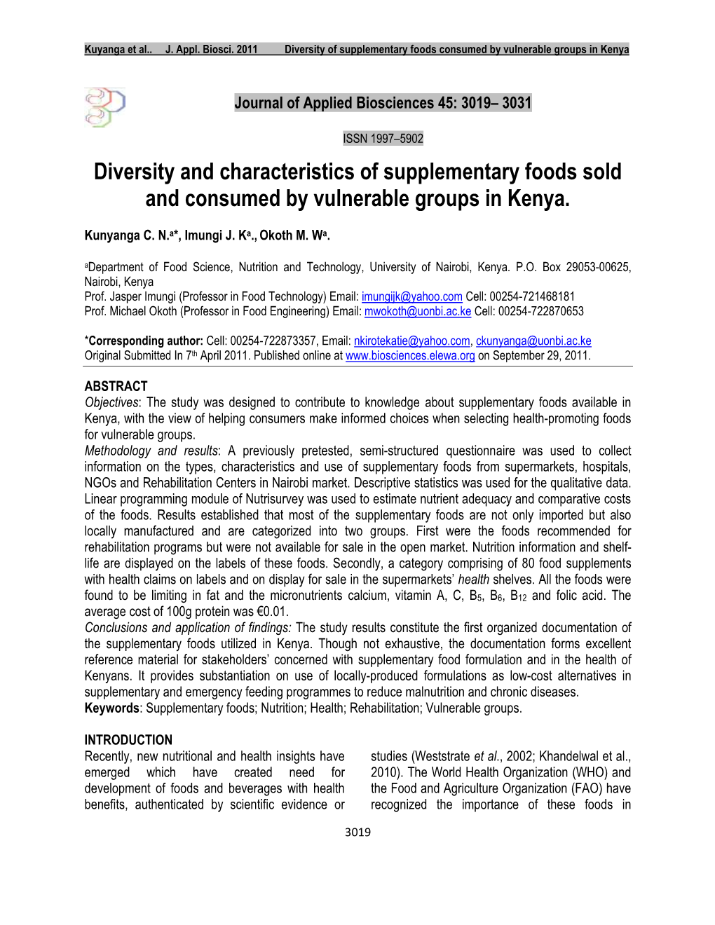 Diversity and Characteristics of Supplementary Foods Sold and Consumed by Vulnerable Groups in Kenya