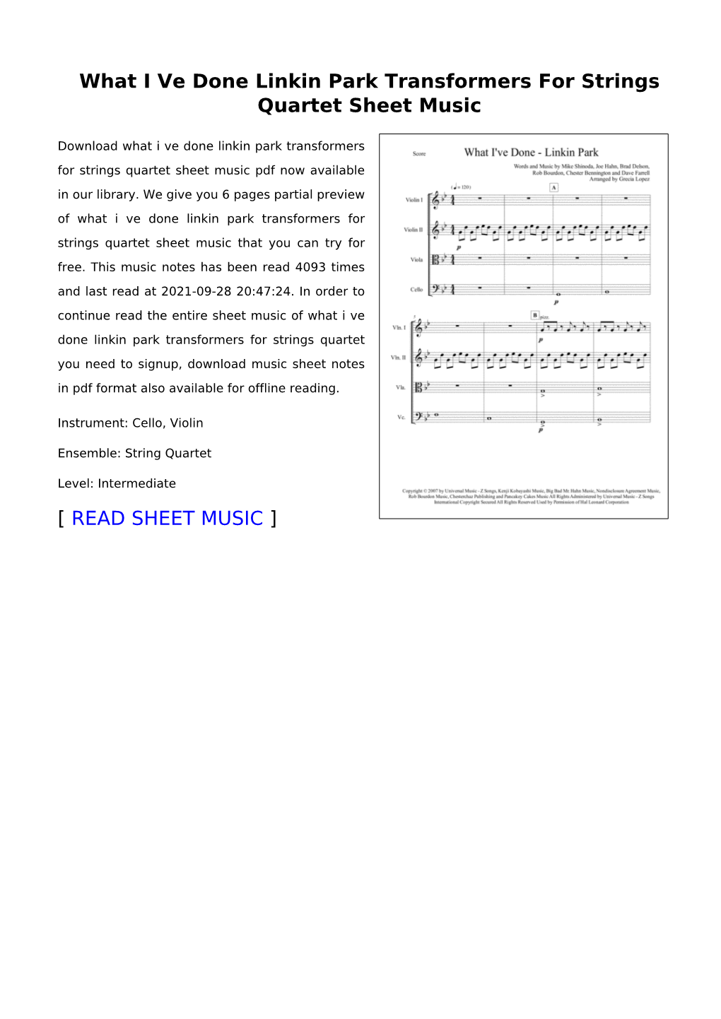 What I Ve Done Linkin Park Transformers for Strings Quartet Sheet Music