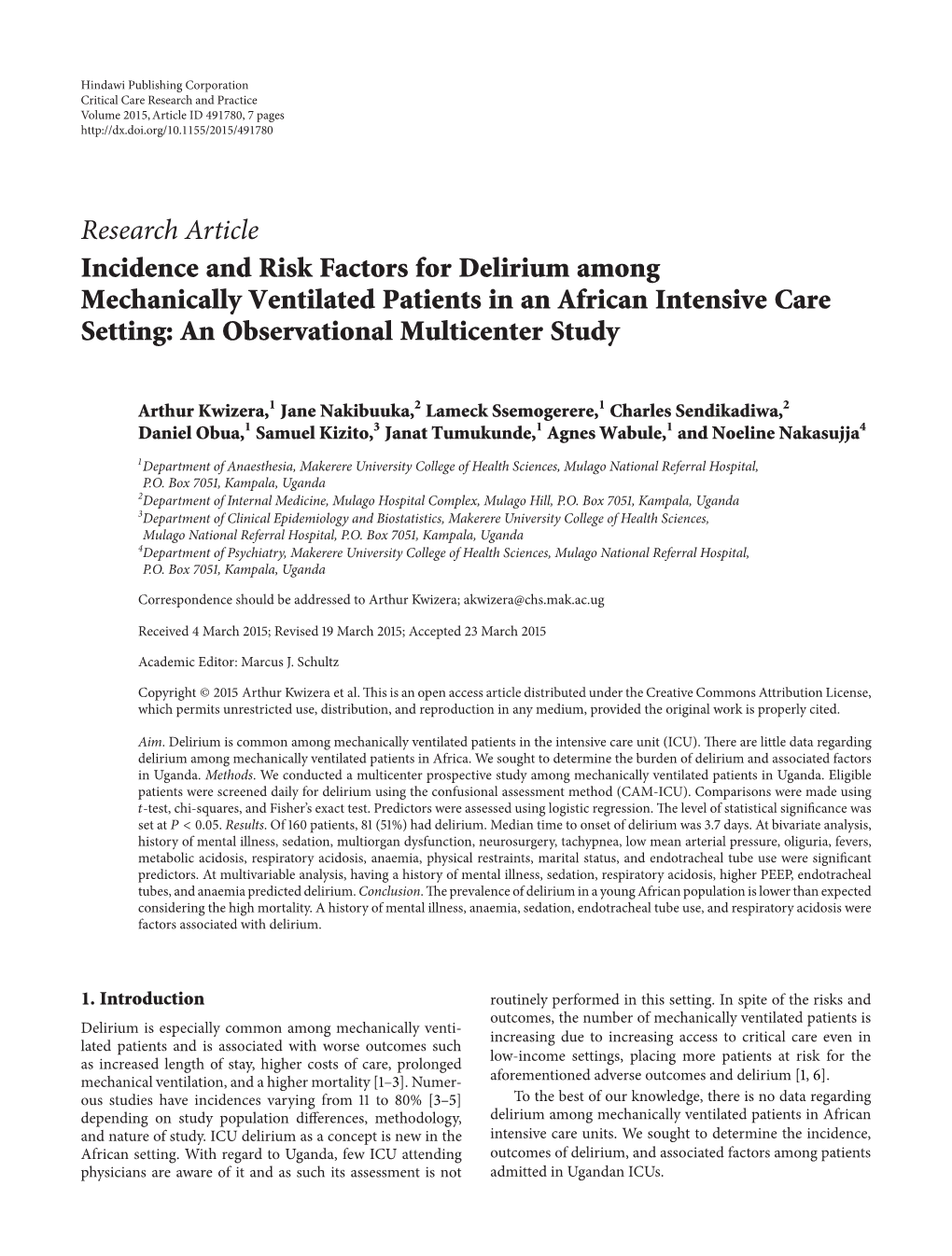 Incidence and Risk Factors for Delirium Among Mechanically Ventilated Patients in an African Intensive Care Setting: an Observational Multicenter Study