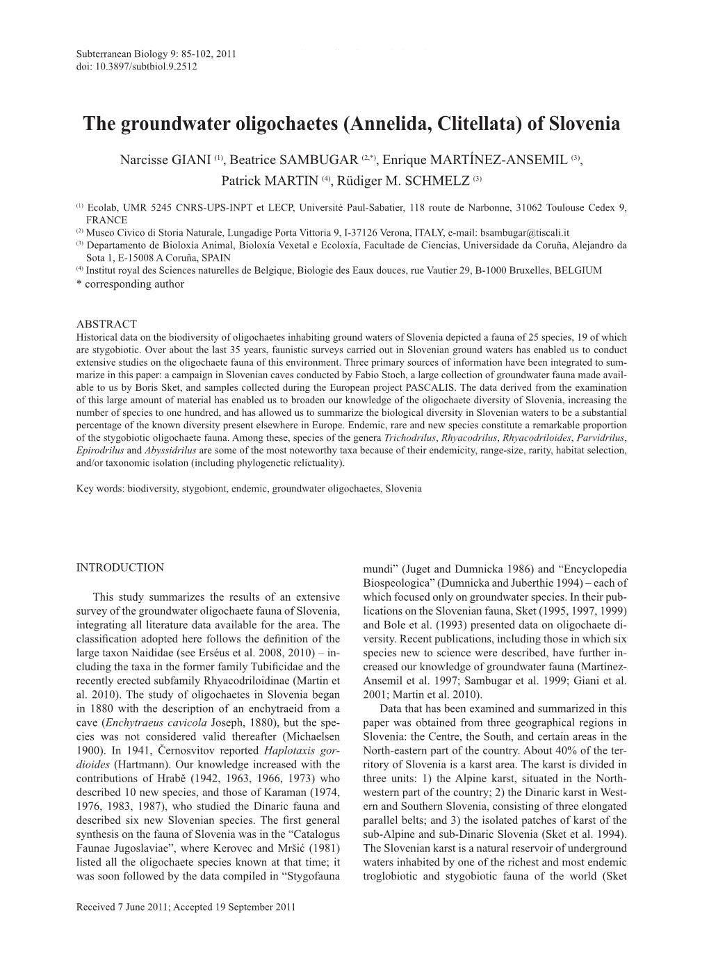 The Groundwater Oligochaetes (Annelida, Clitellata) of Slovenia