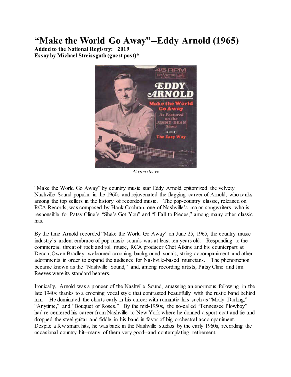 Make the World Go Away”--Eddy Arnold (1965) Added to the National Registry: 2019 Essay by Michael Streissguth (Guest Post)*