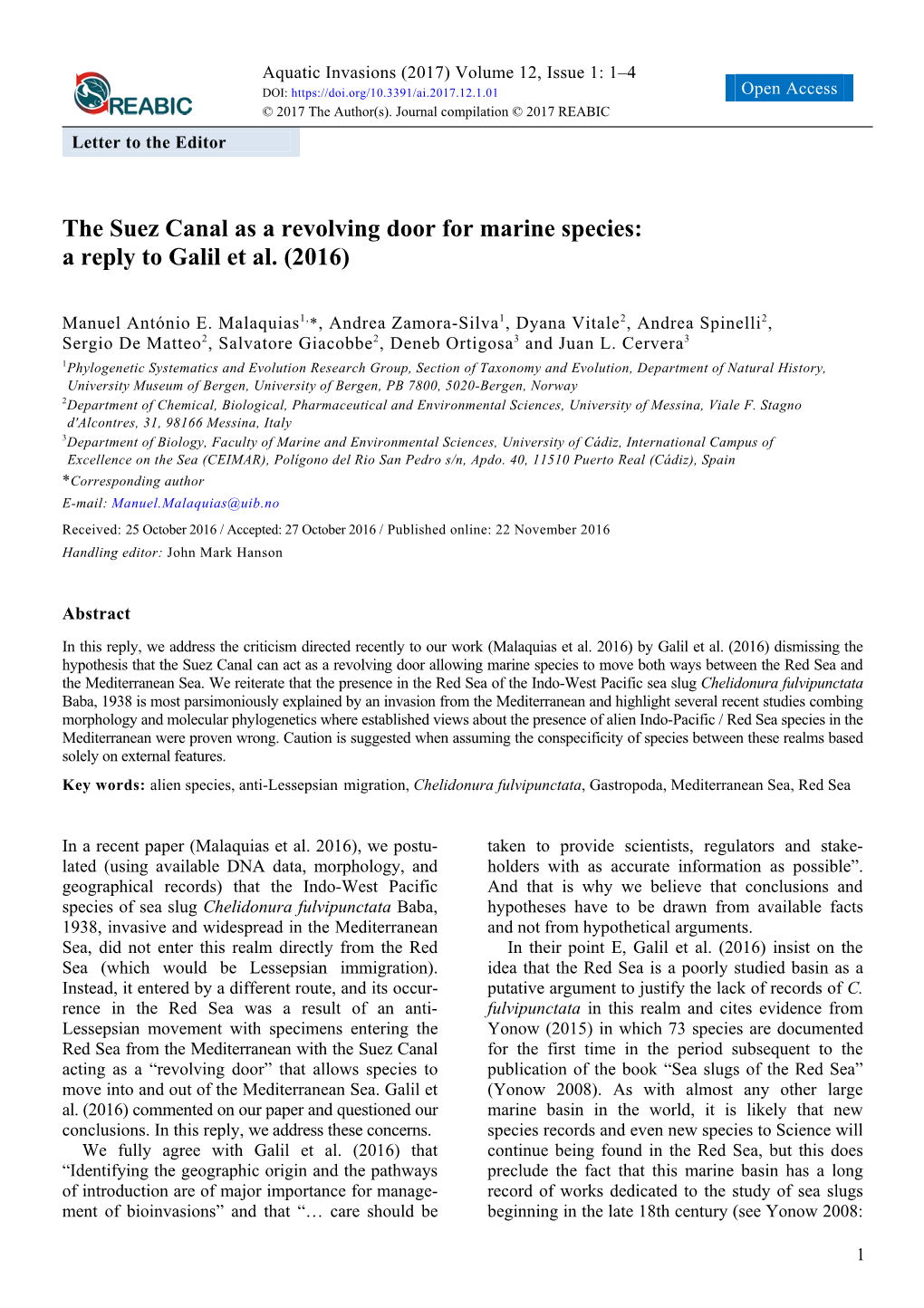 The Suez Canal As a Revolving Door for Marine Species: a Reply to Galil Et Al