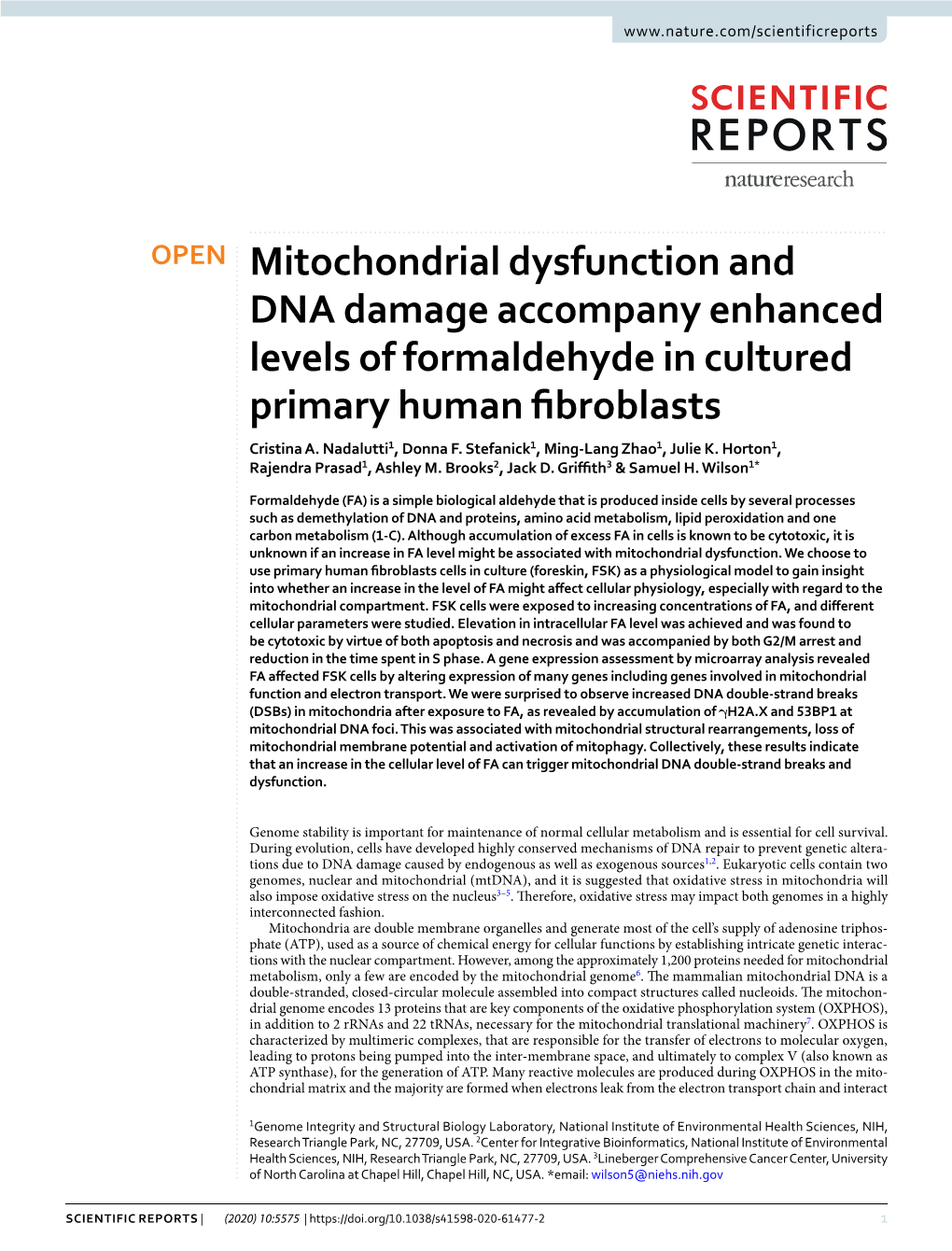Mitochondrial Dysfunction and DNA Damage Accompany Enhanced Levels of Formaldehyde in Cultured Primary Human Fbroblasts Cristina A