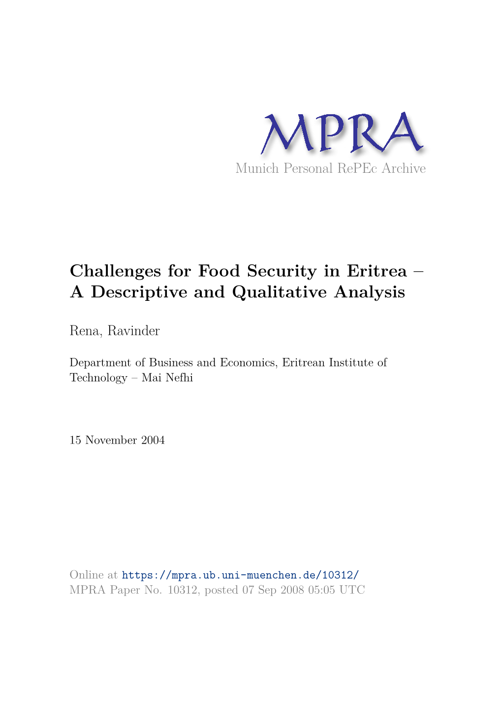 Challenges for Food Security in Eritrea – a Descriptive and Qualitative Analysis