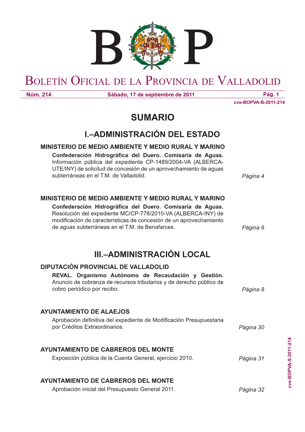 Boletín Oficial De La Provincia De Valladolid Sumario