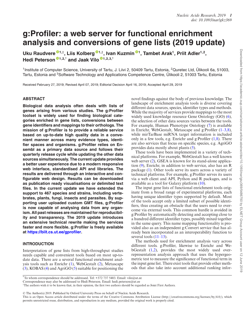 G:Profiler: a Web Server for Functional Enrichment Analysis And