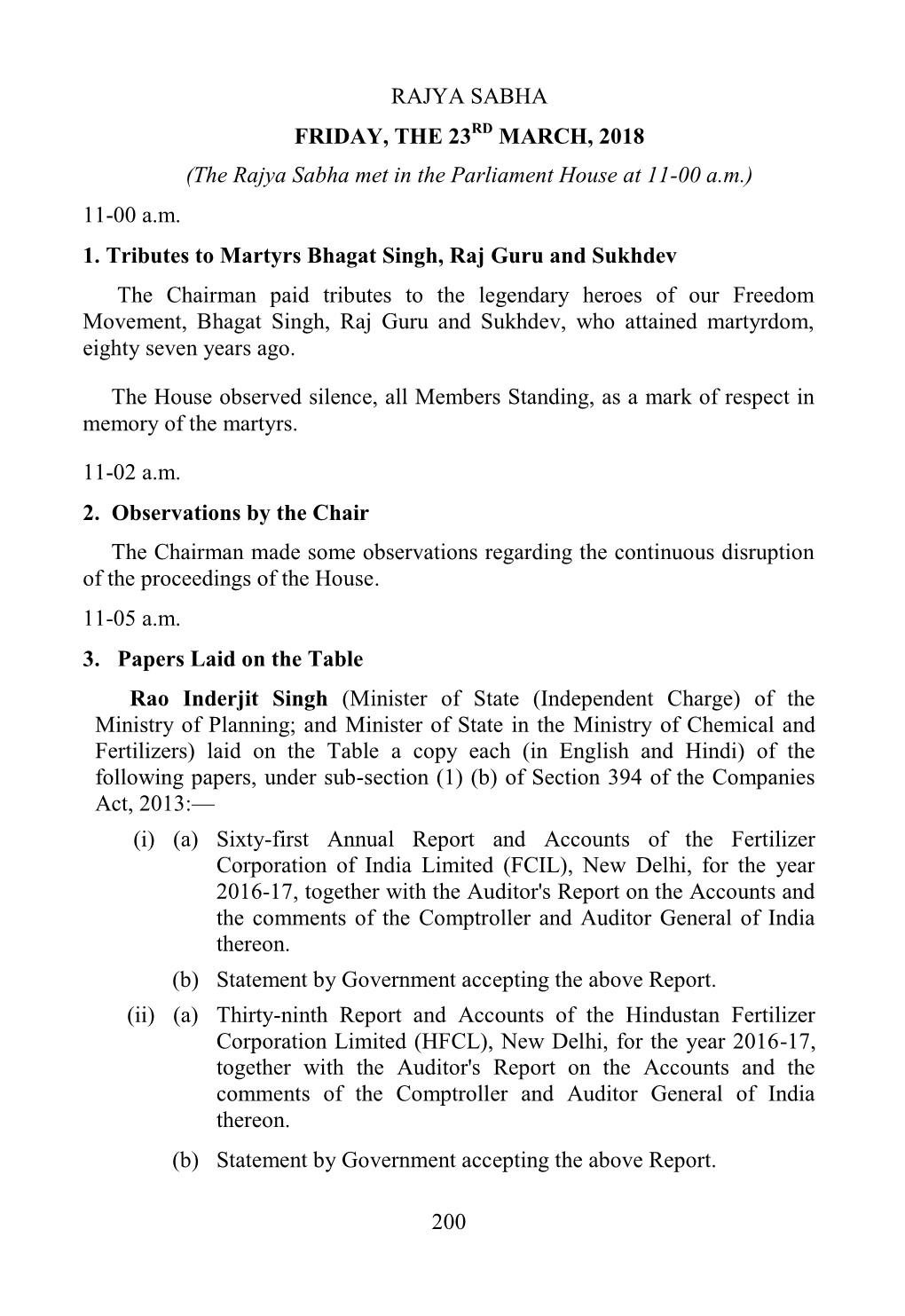 200 RAJYA SABHA FRIDAY, the 23RD MARCH, 2018 (The Rajya