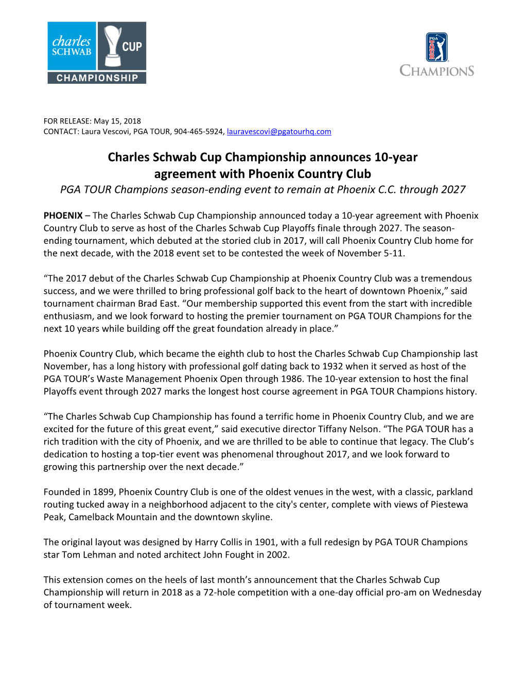 Charles Schwab Cup Championship Announces 10-Year Agreement with Phoenix Country Club PGA TOUR Champions Season-Ending Event to Remain at Phoenix C.C
