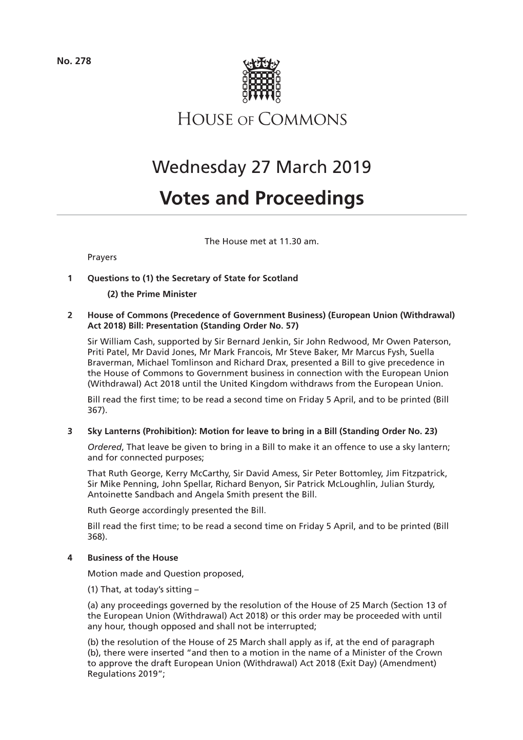 Wednesday 27 March 2019 Votes and Proceedings