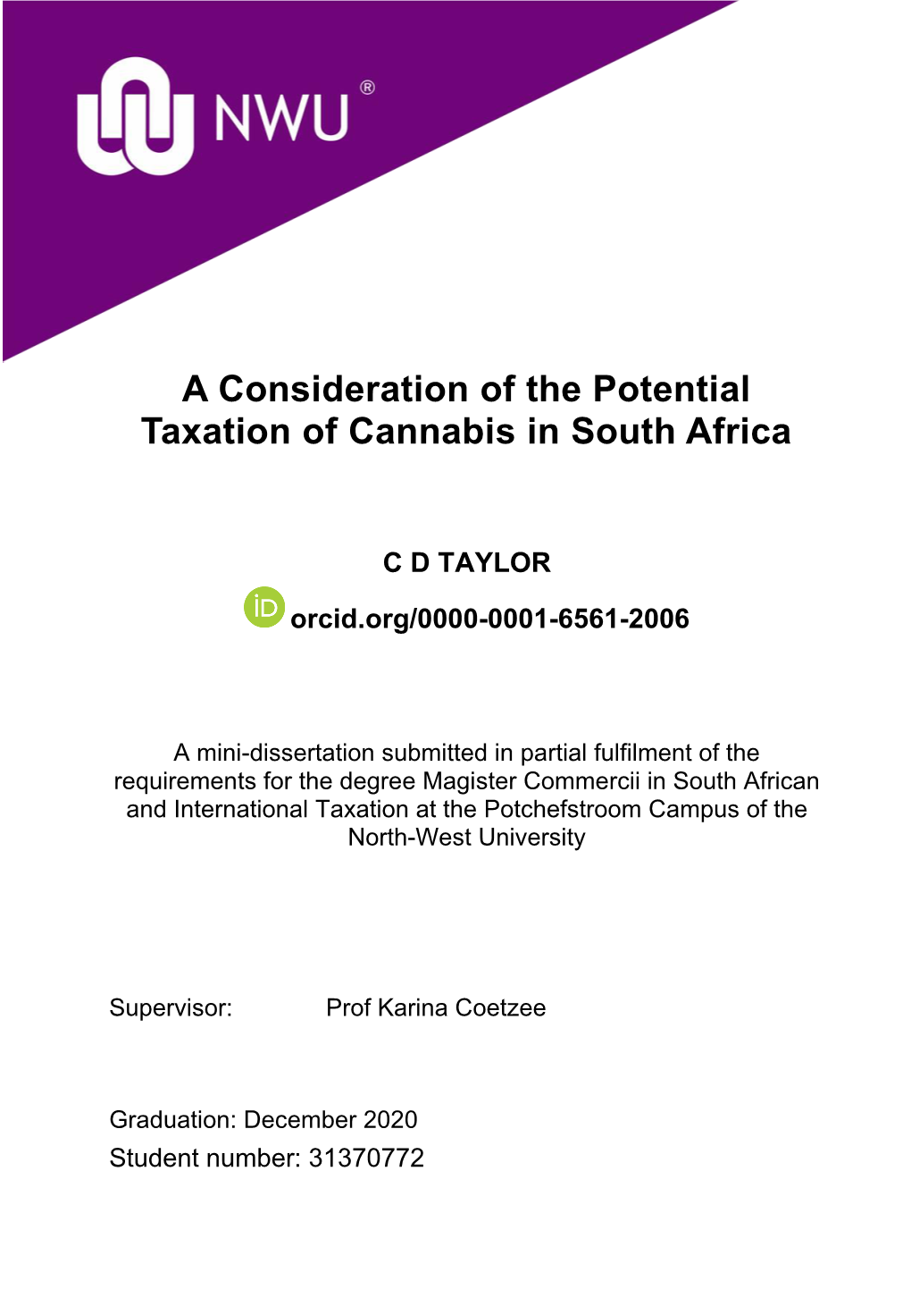 A Consideration of the Potential Taxation of Cannabis in South Africa