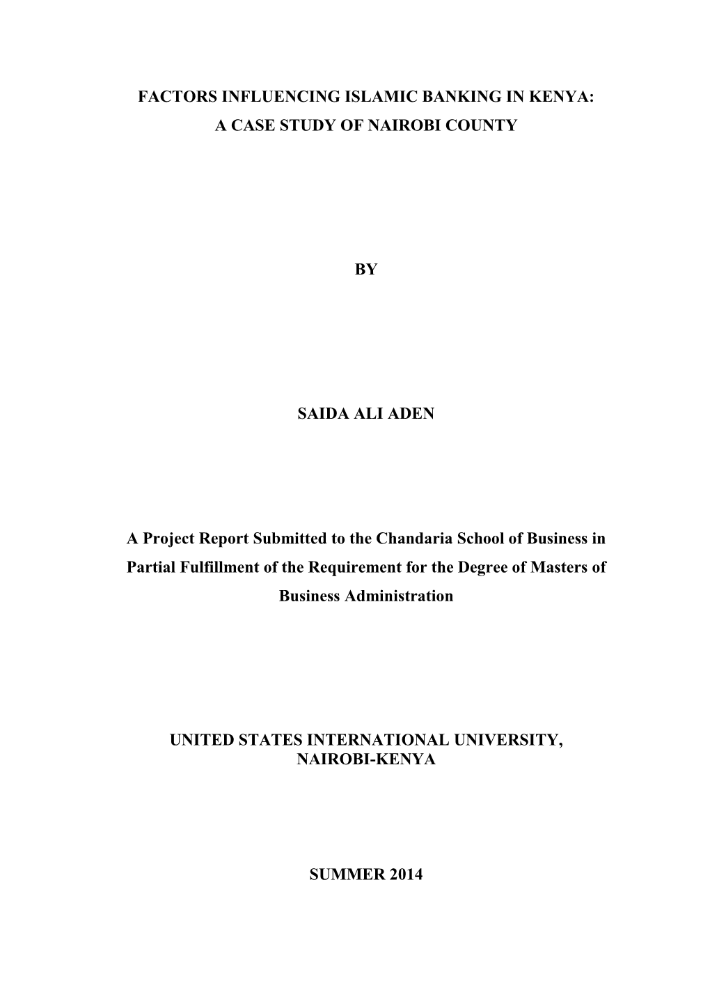 Factors Influencing Islamic Banking in Kenya: a Case Study of Nairobi County