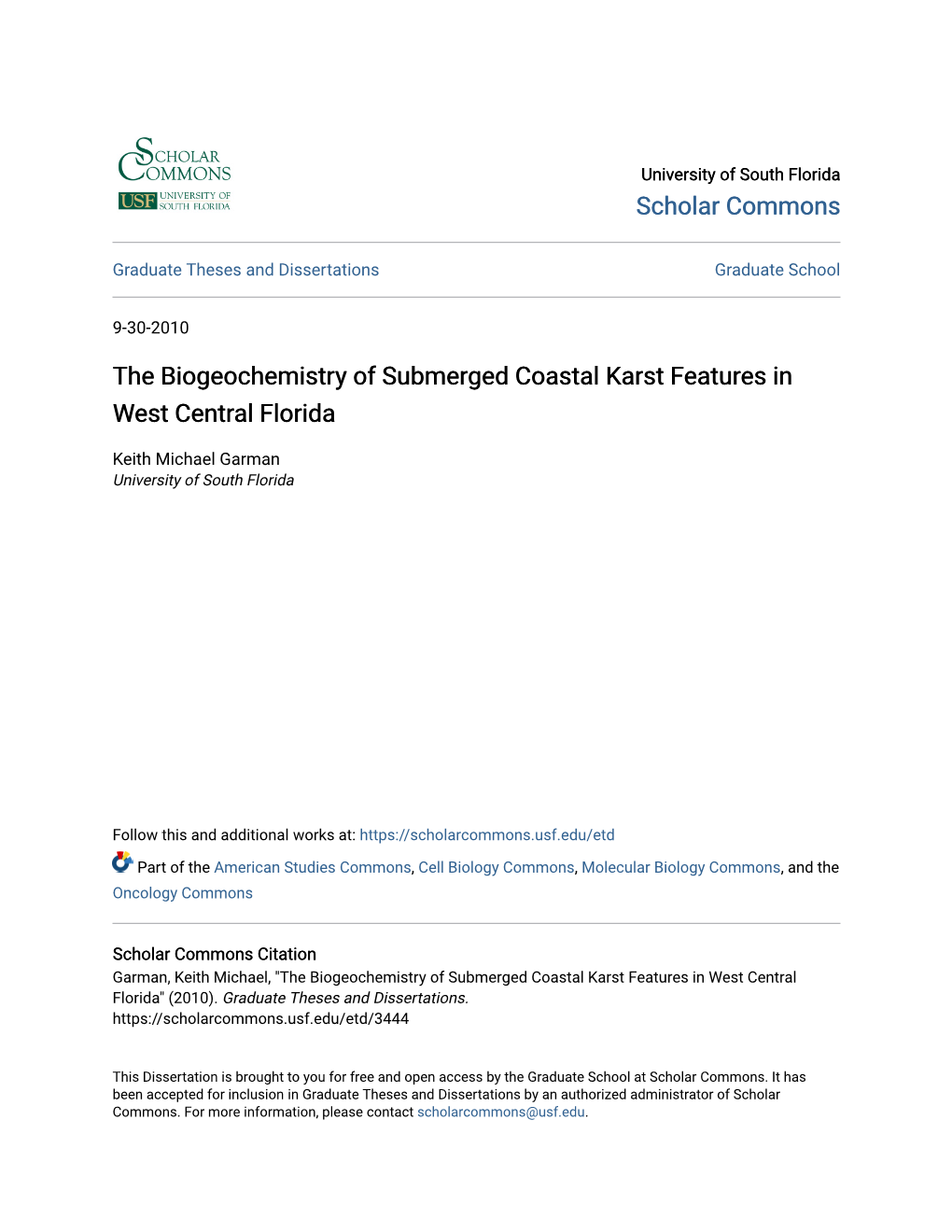 The Biogeochemistry of Submerged Coastal Karst Features in West Central Florida