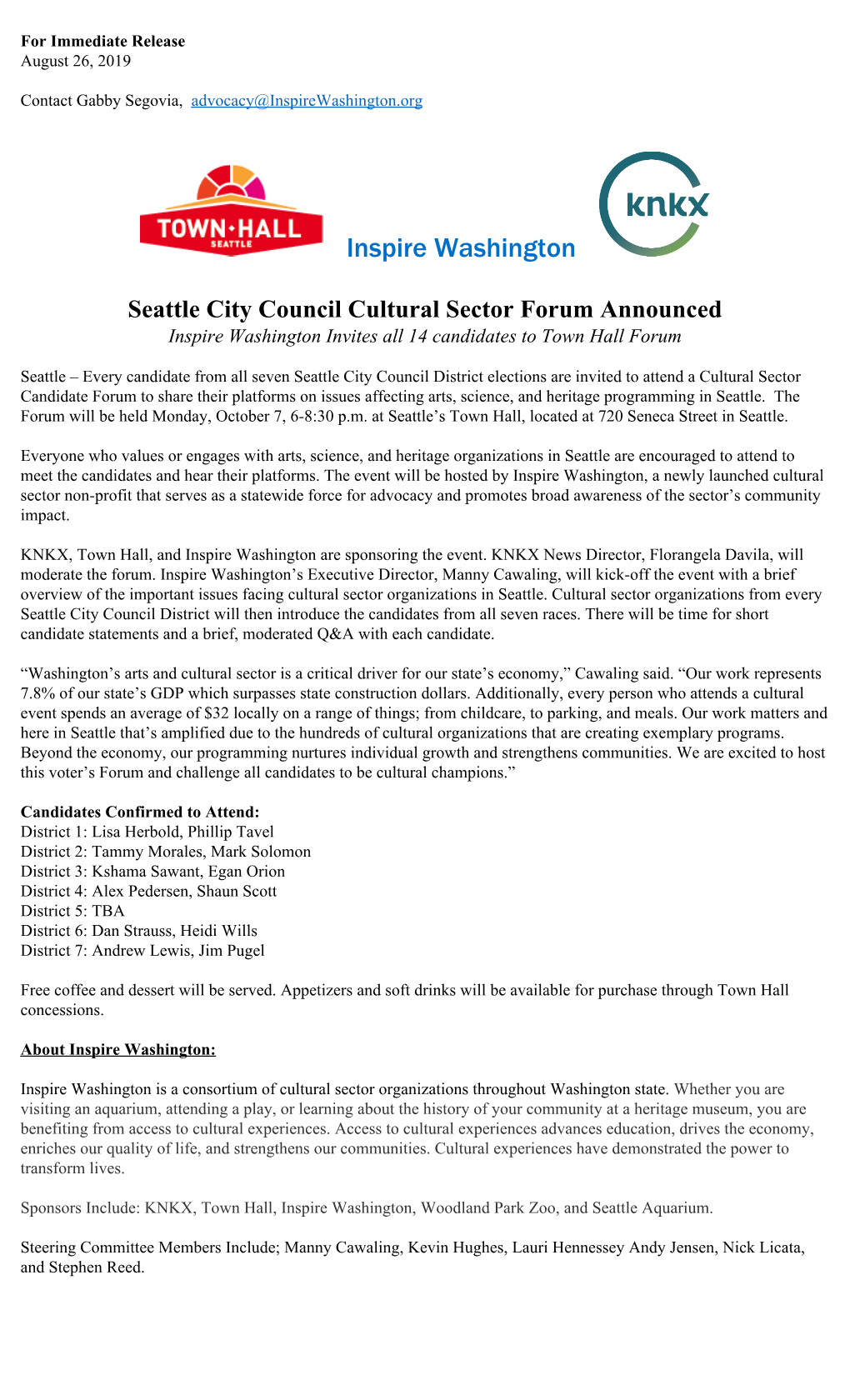 Seattle City Council Cultural Sector Forum Announced Inspire Washington Invites All 14 Candidates to Town Hall Forum