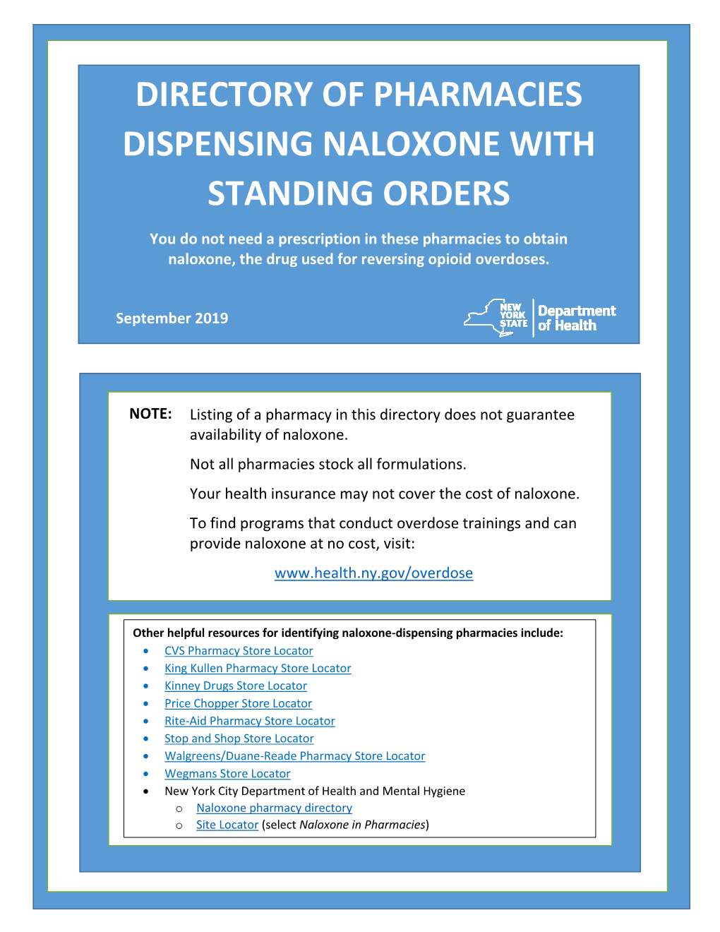 Directory of Pharmacies Dispensing Naloxone with Standing Orders