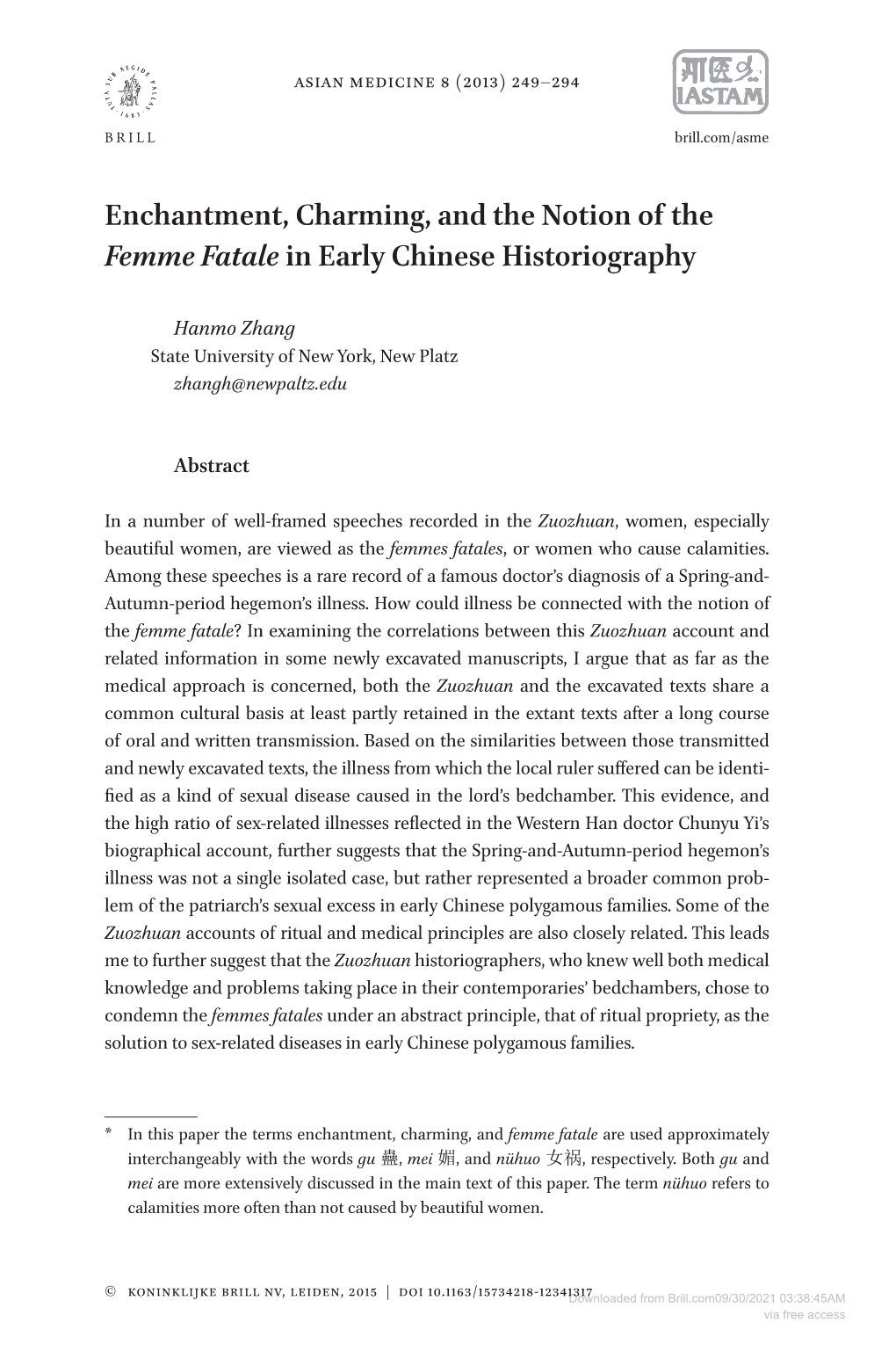 Enchantment, Charming, and the Notion of the Femme Fatale in Early Chinese Historiography