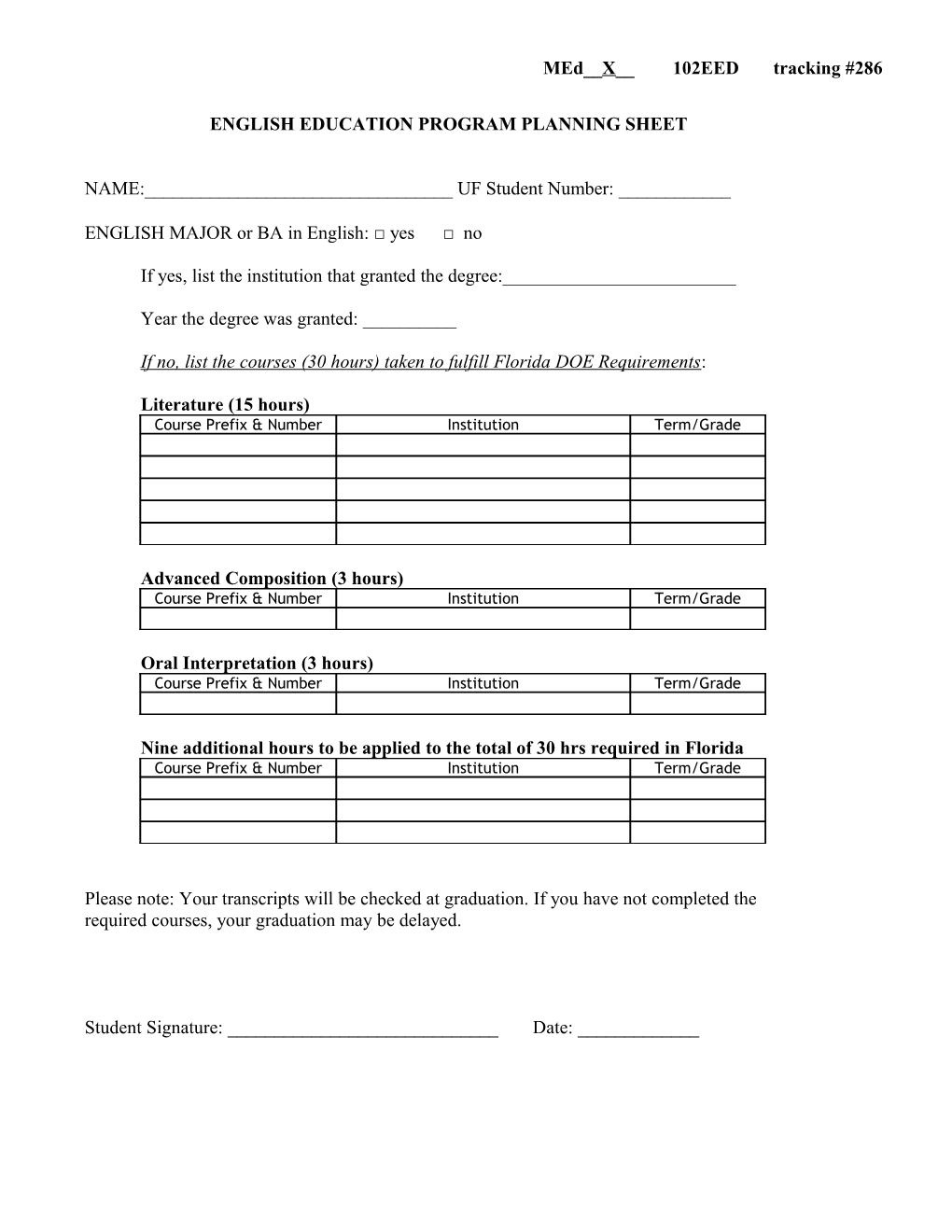 English Education Program Planning Sheet