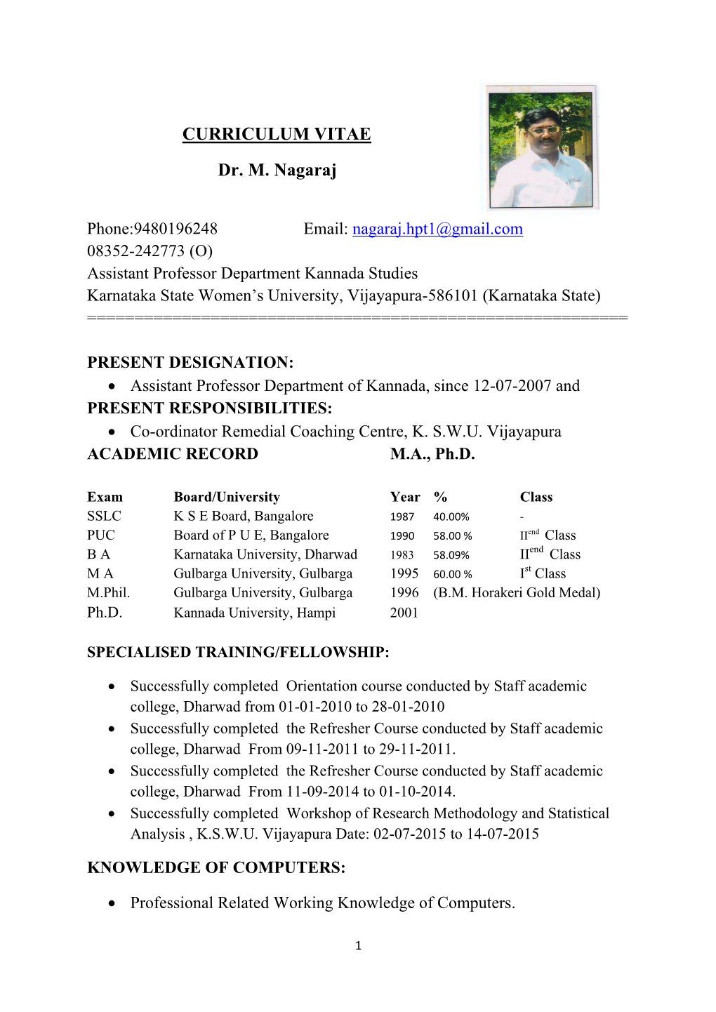 CURRICULUM VITAE Dr. M. Nagaraj