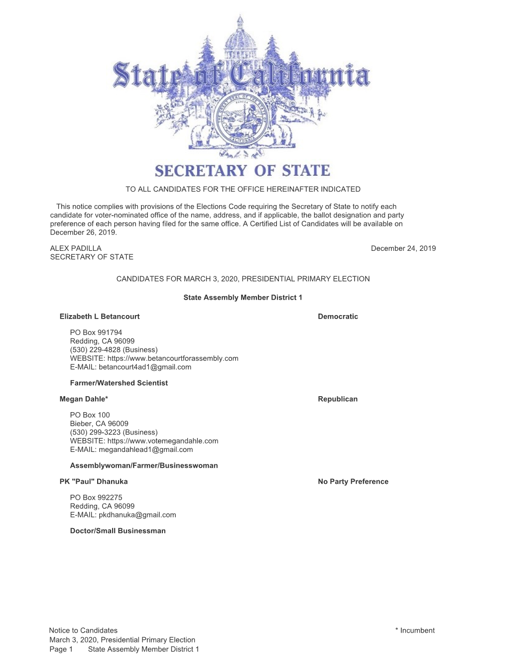 Secretary of State's Notice to Candidates for Assembly Districts