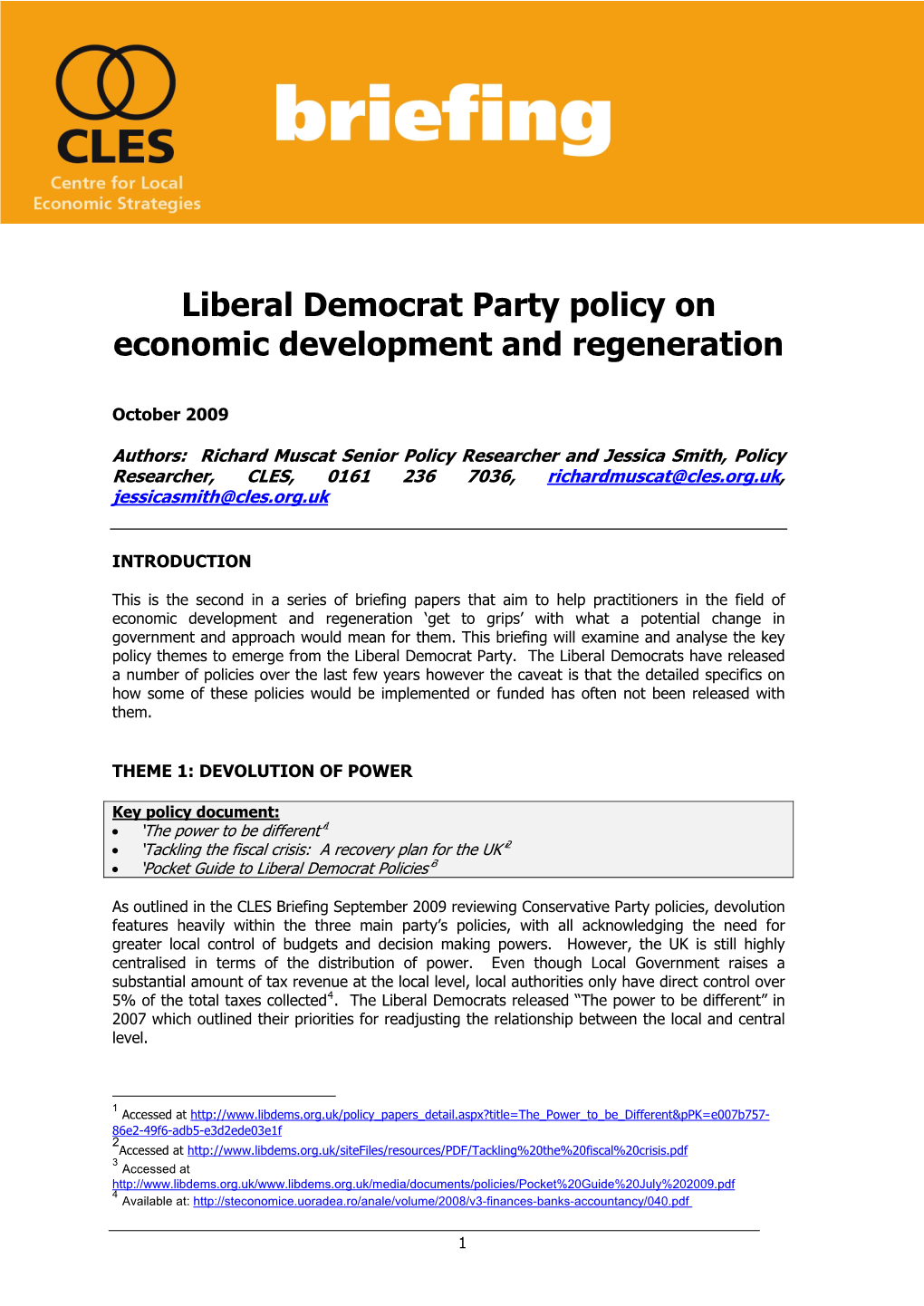 Liberal Democrat Party Policy on Economic Development and Regeneration