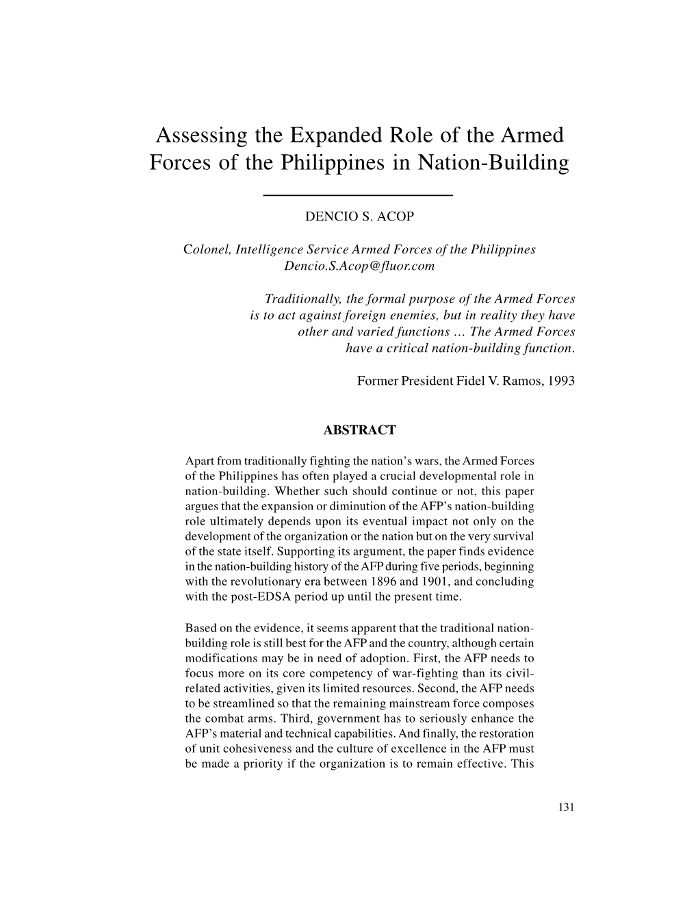 Assessing the Expanded Role of the Armed Forces of the Philippines in Nation-Building