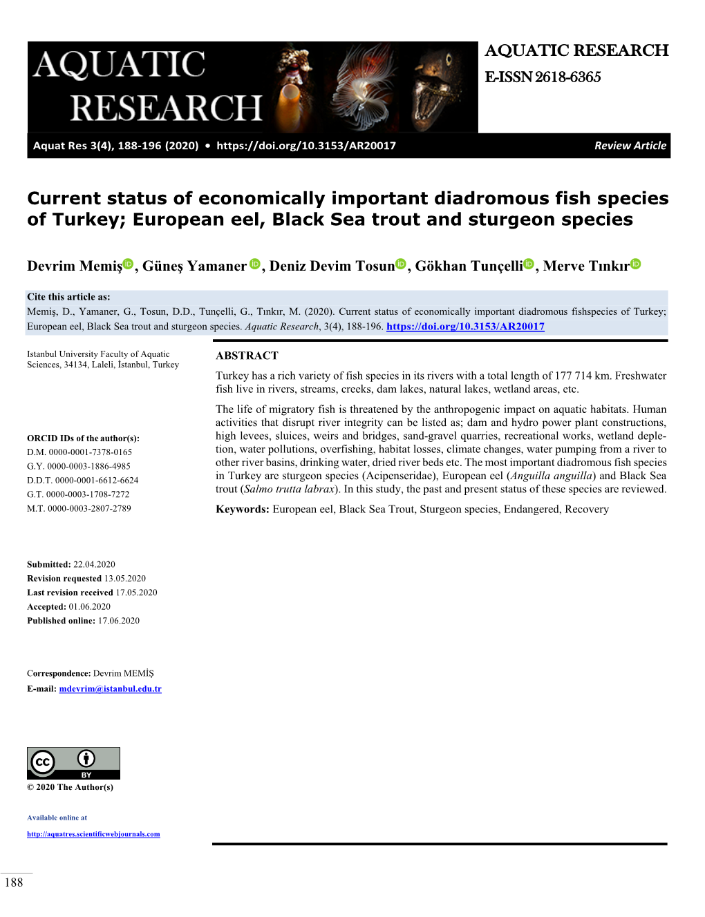 European Eel, Black Sea Trout and Sturgeon Species