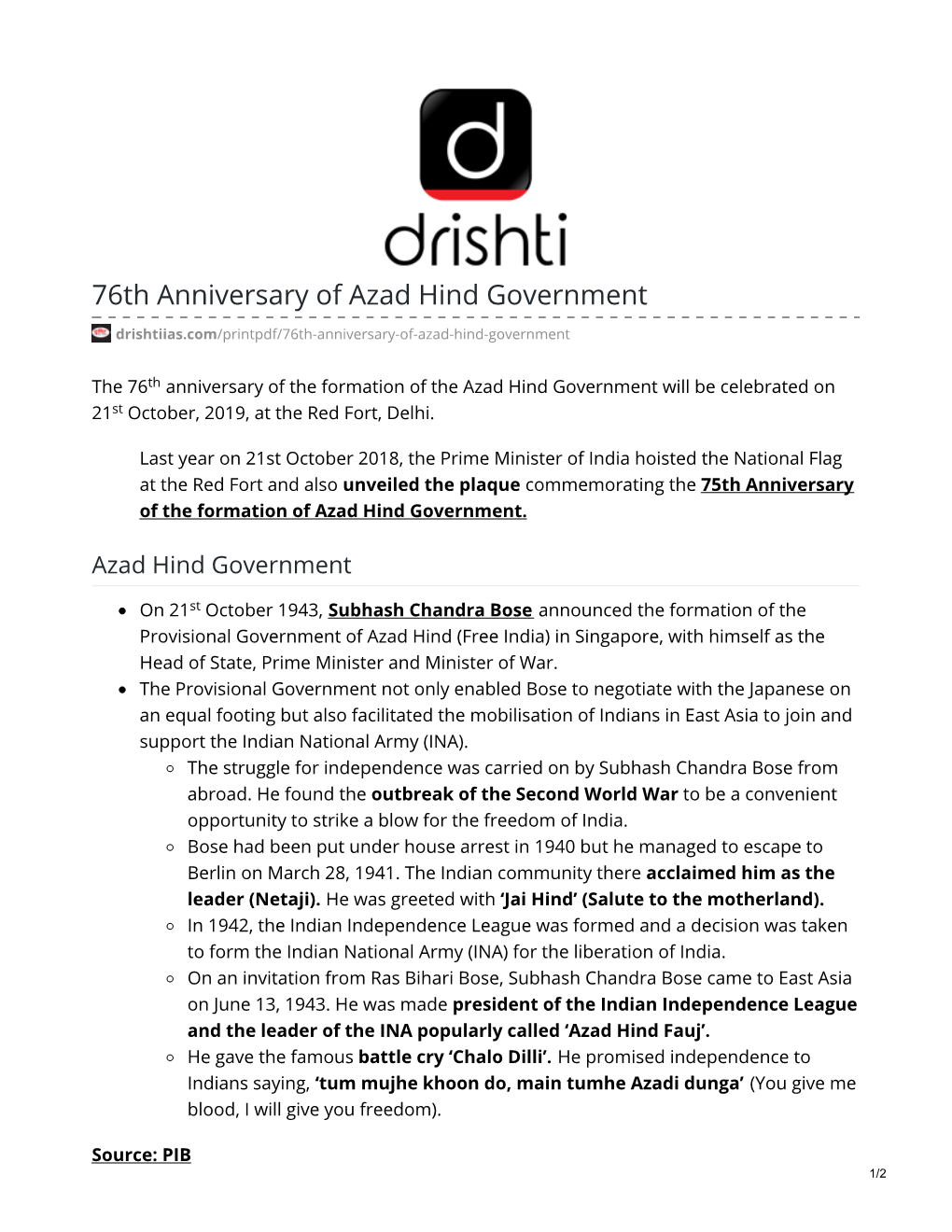 76Th Anniversary of Azad Hind Government