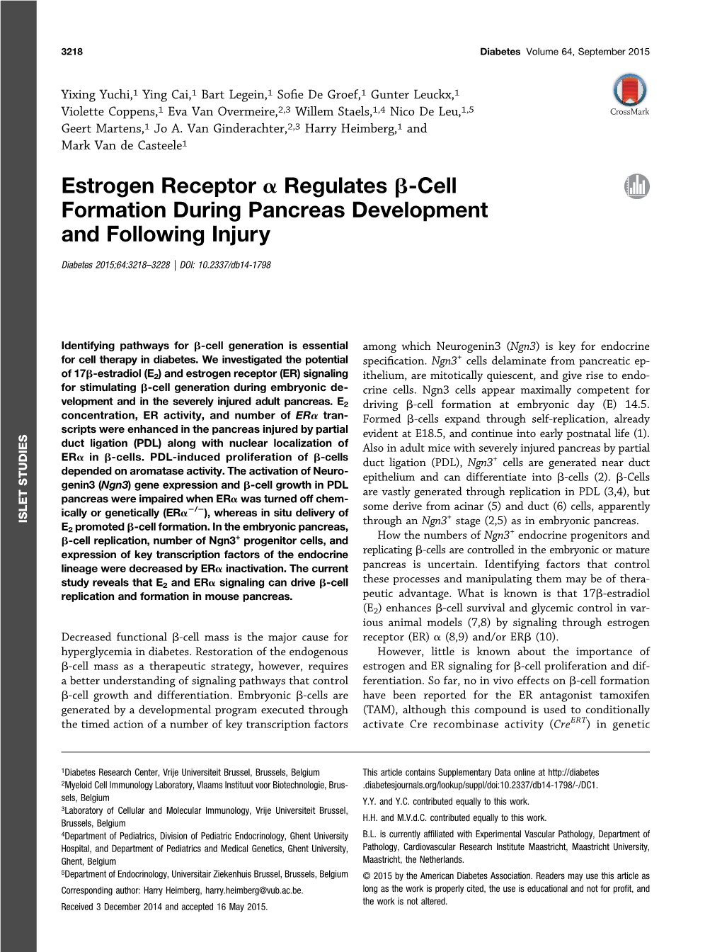 Estrogen Receptor a Regulates B-Cell Formation During Pancreas Development and Following Injury