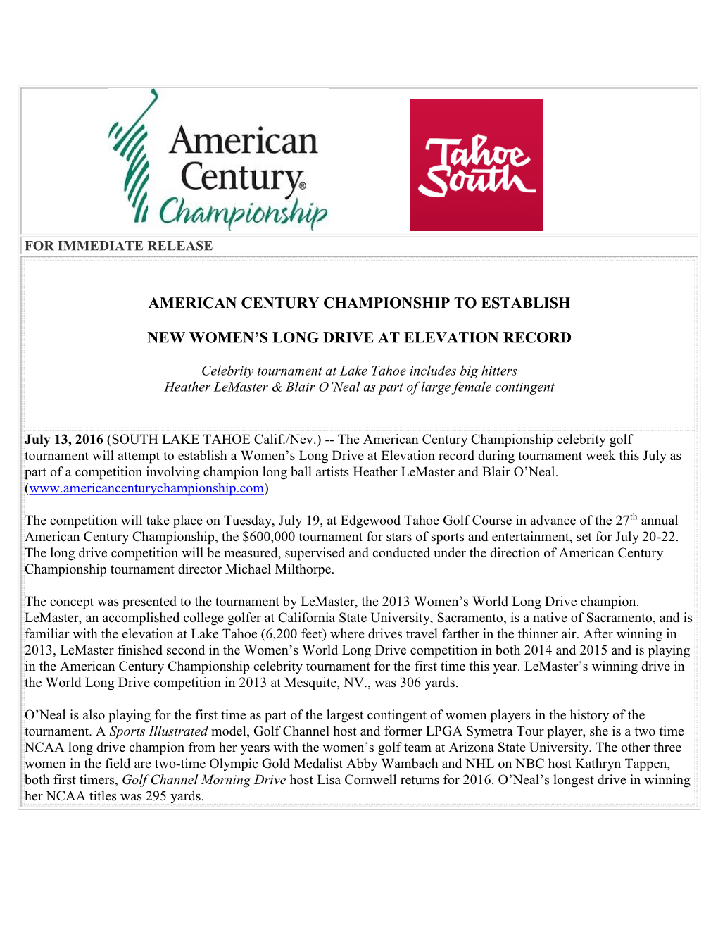 American Century Championship to Establish New Women's Long Drive