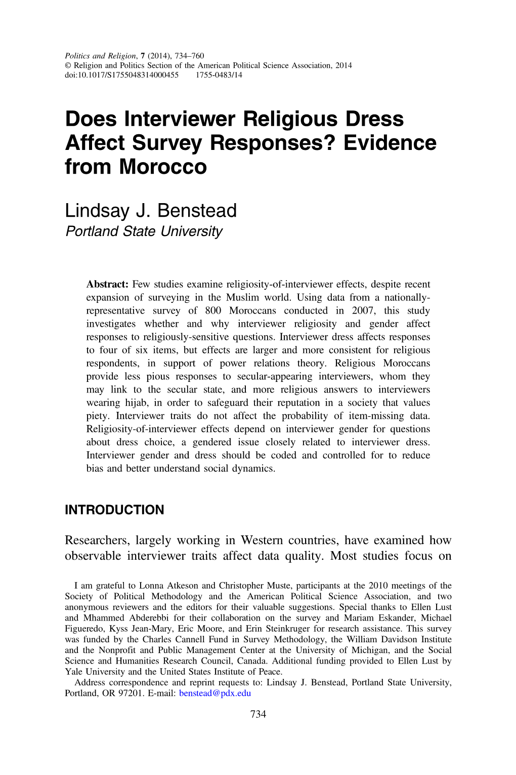 Does Interviewer Religious Dress Affect Survey Responses? Evidence from Morocco