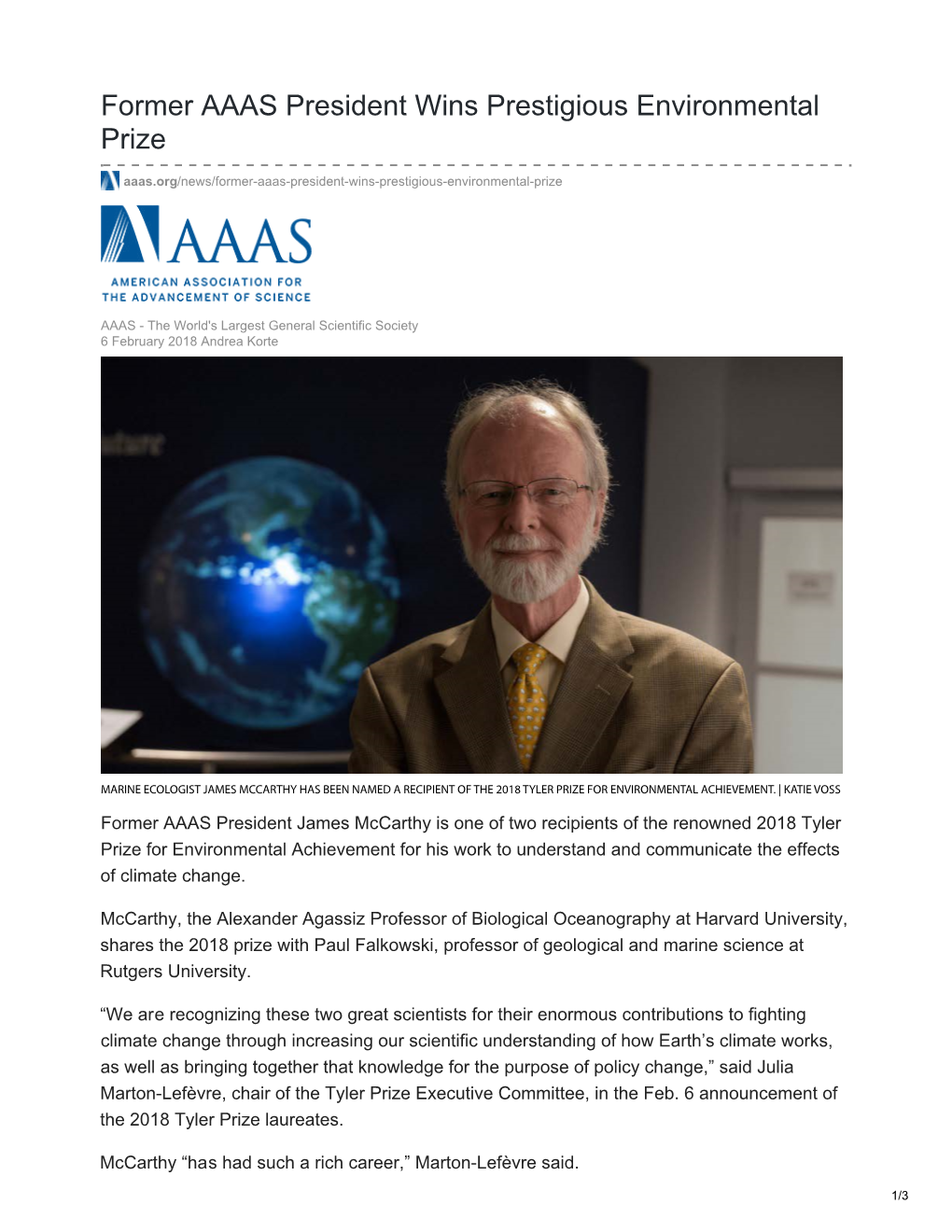 Former AAAS President Wins Prestigious Environmental Prize