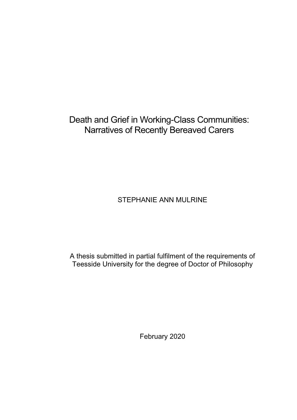 Death and Grief in Working-Class Communities: Narratives of Recently Bereaved Carers