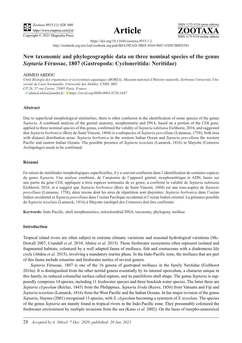 New Taxonomic and Phylogeographic Data on Three Nominal Species of the Genus Septaria Férussac, 1807 (Gastropoda: Cycloneritida: Neritidae)