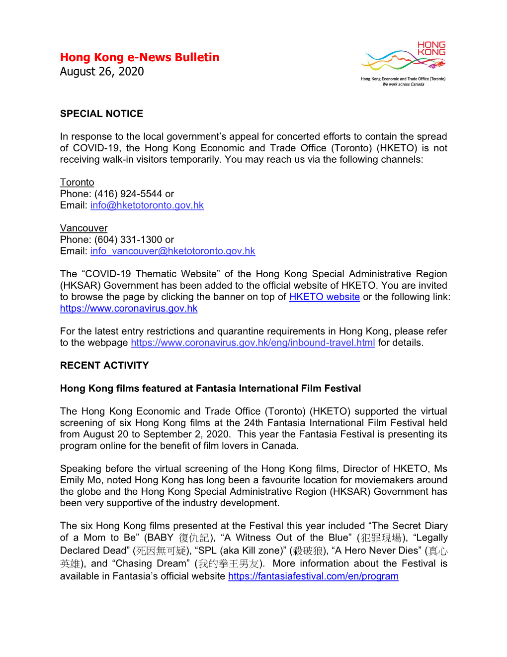 Hong Kong E-News Bulletin August 26, 2020