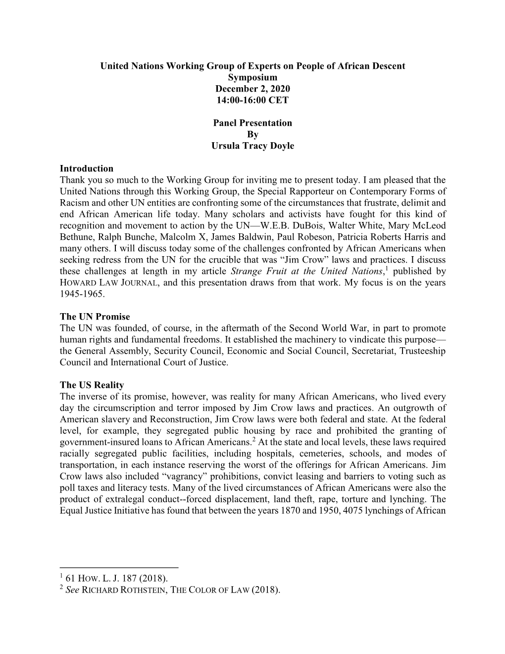 United Nations Working Group of Experts on People of African Descent Symposium December 2, 2020 14:00-16:00 CET