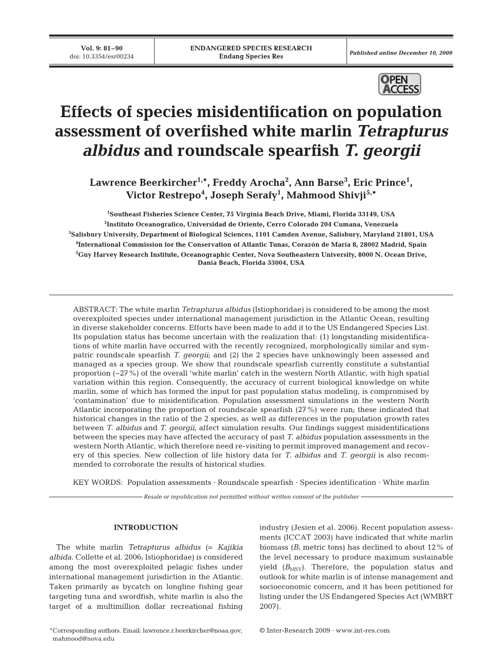 Effects of Species Misidentification on Population Assessment of Overfished White Marlin Tetrapturus Albidus and Roundscale Spearfish T
