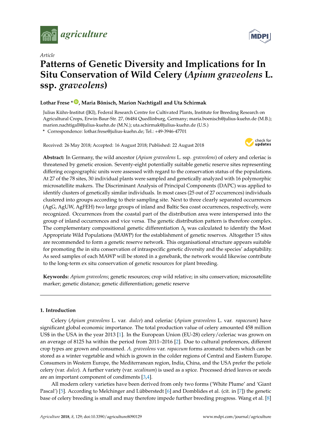 Patterns of Genetic Diversity and Implications for in Situ Conservation of Wild Celery (Apium Graveolens L