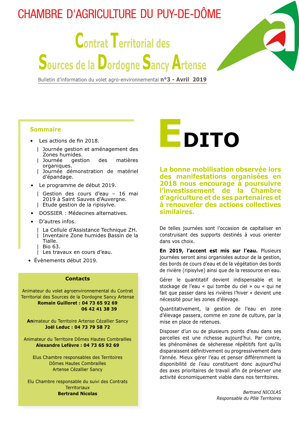 Contrat Territorial Des Sources De La Dordogne Sancy Artense Bulletin D’Information Du Volet Agro-Environnemental N°3 - Avril 2019