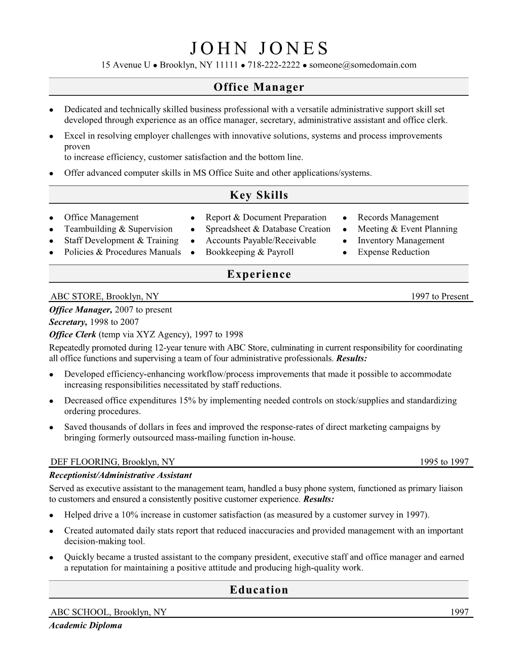 Sample Resume for an Office Manager