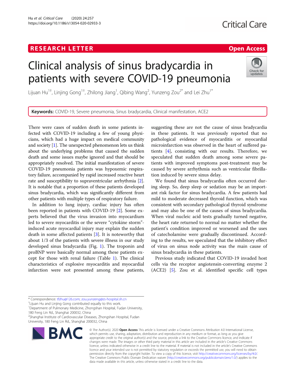 Clinical Analysis of Sinus Bradycardia in Patients with Severe COVID-19 Pneumonia