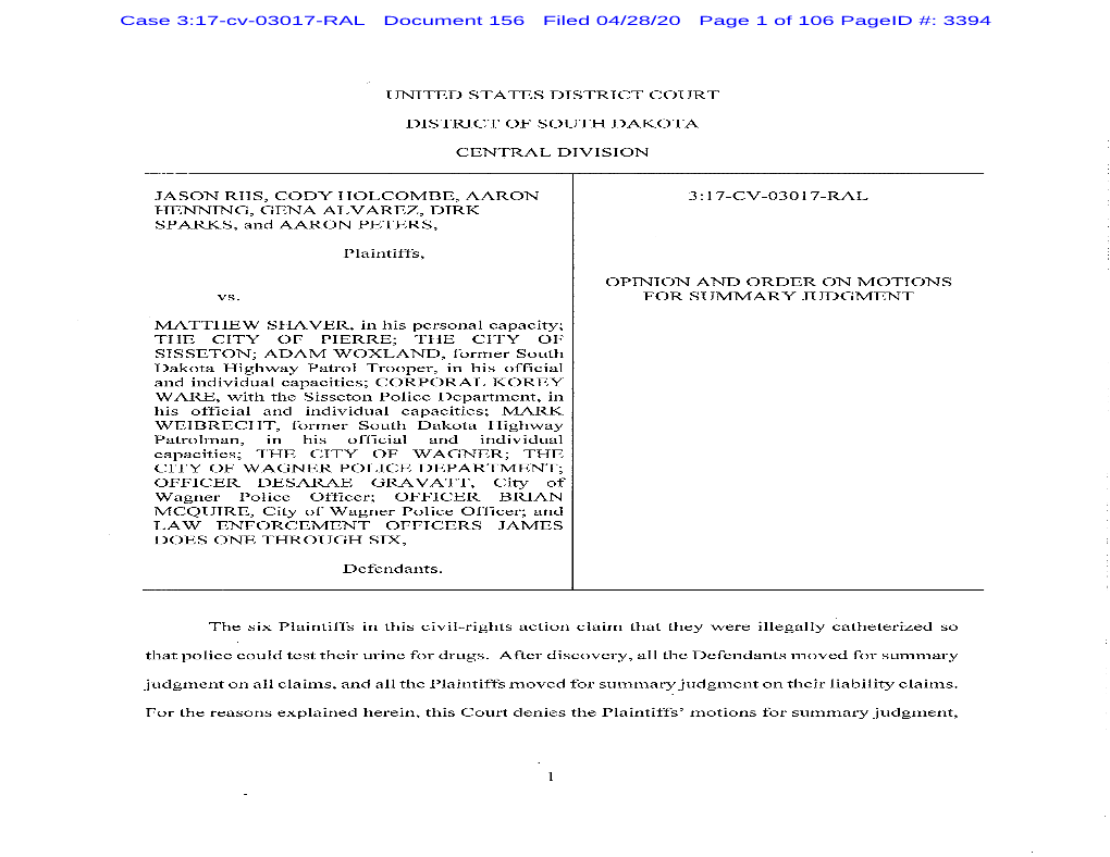 Case 3:17-Cv-03017-RAL Document 156 Filed 04/28/20 Page 1 of 106 Pageid #: 3394