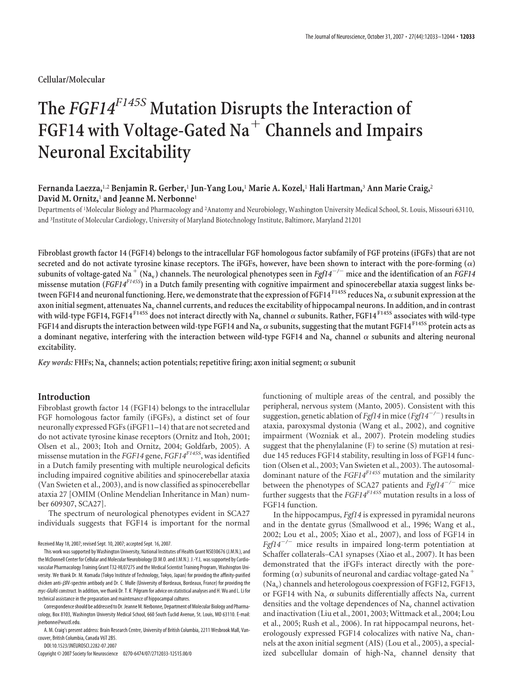 Thefgf14 Mutation Disrupts the Interaction of FGF14 with Voltage