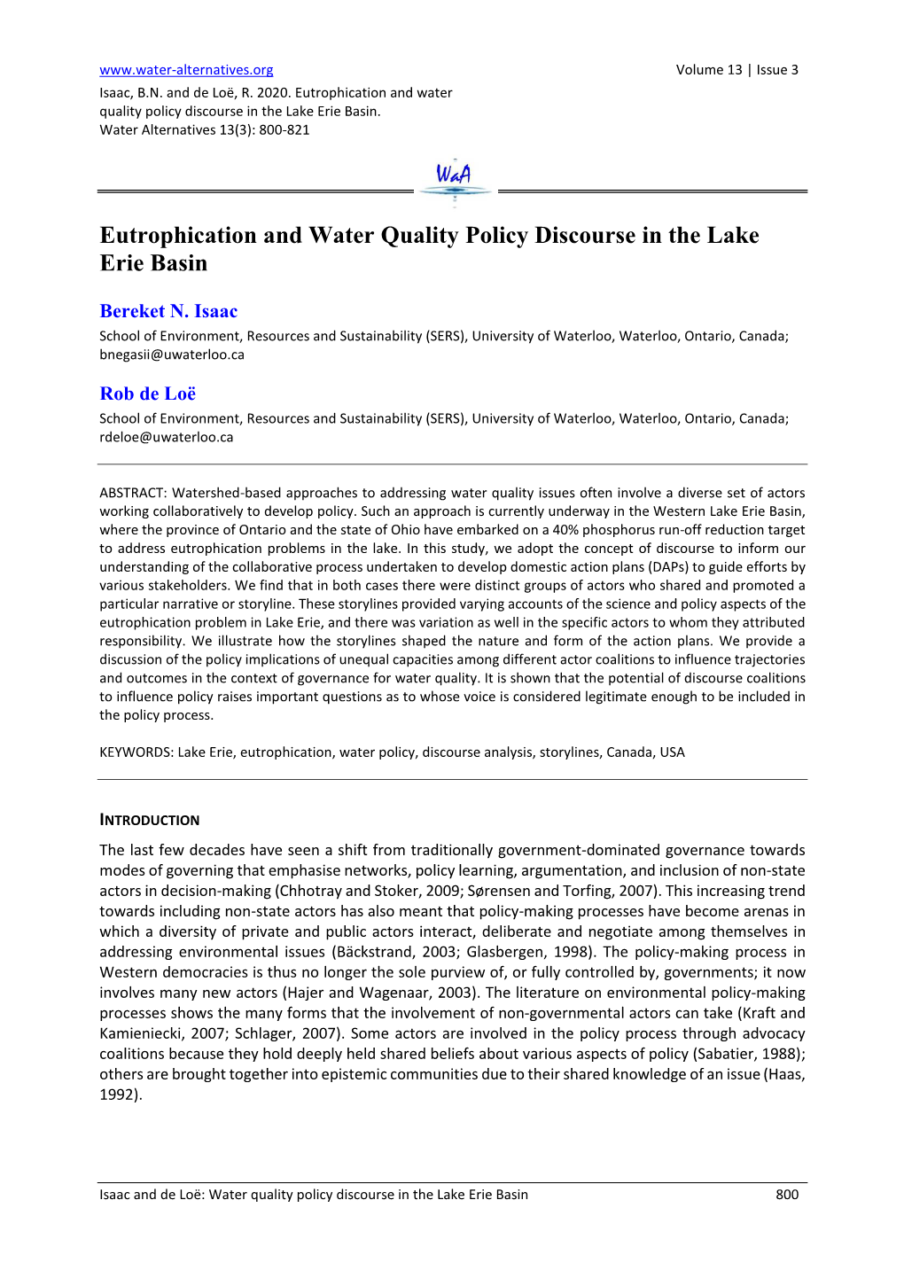 Eutrophication and Water Quality Policy Discourse in the Lake Erie Basin